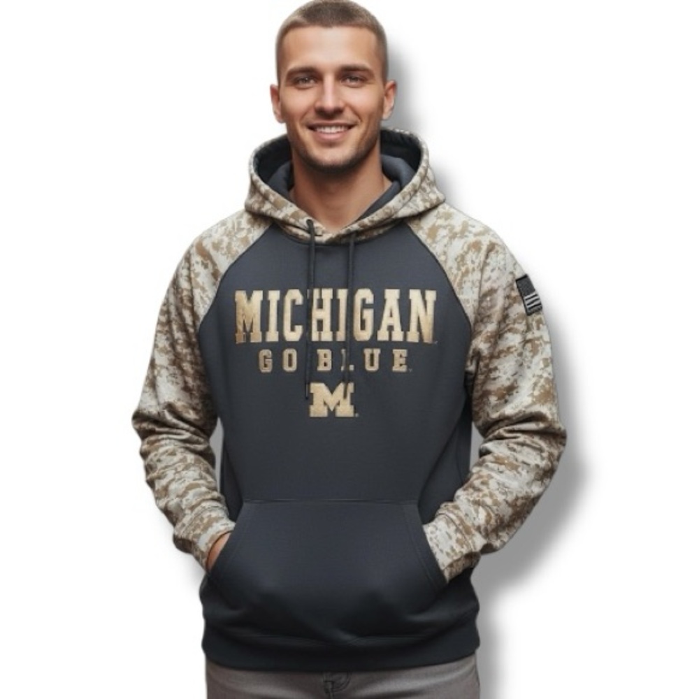 Colosseum Michigan Wolverines Men's Go Blue Hoodie Gray Olive DigiCam | Size M